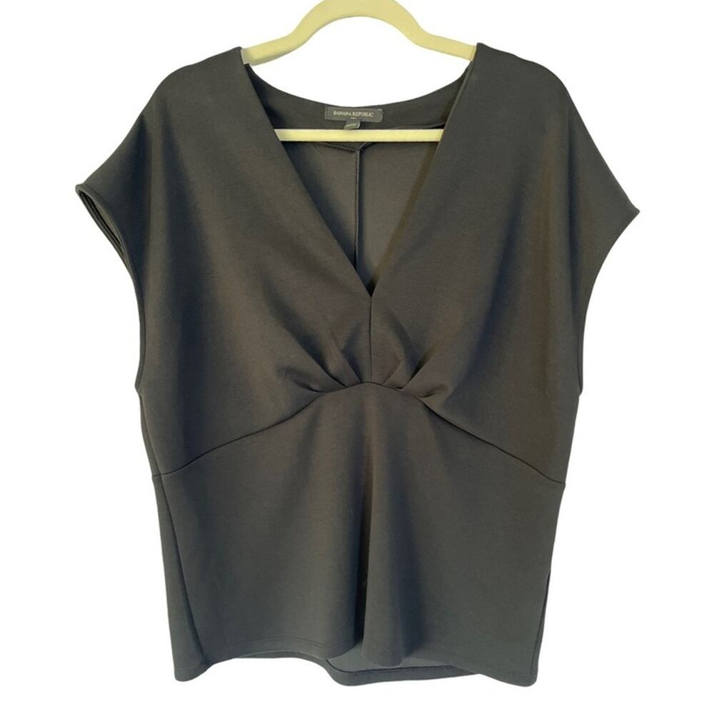 Banana Republic Black Twist Front Blouse XL Stretch Cap Sleeve V-Neck Top